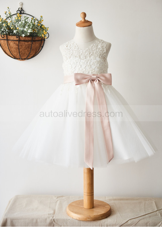 Lace Tulle Knee Length Keyhole Back Tutu Flower Girl Dress